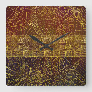 Stammes- Goldmuster auf Brown-Farbe Quadratische Wanduhr