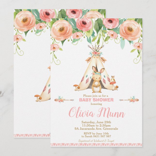 Stammes- Häschen-Babyparty-WaldlandBoho Mädchen Einladung (Vorne/Hinten)