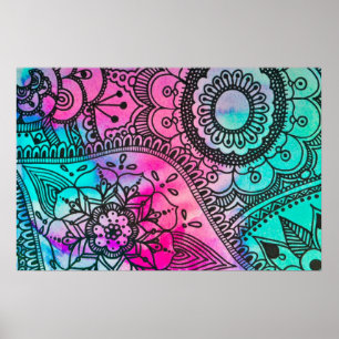 Stammes- Muster-Rosa-und Aqua-mit Blumenplakat Poster