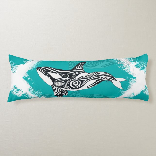 Stammes- Orca gebürstetes aquamarines Seitenschläferkissen (Vorderseite)
