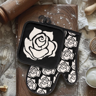 Stammes Rose Schwarz-weiß Ofenhandschuh & Topflappen-Set