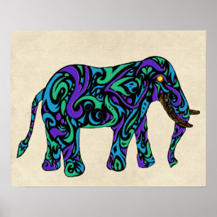Stammes- Tätowierungs-Elefant in lila Blauem und Poster