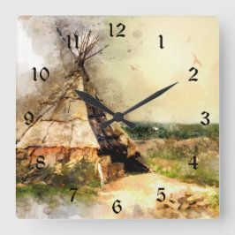 Stammes- Tipi ~ schöner AquarellTeepee Quadratische Wanduhr