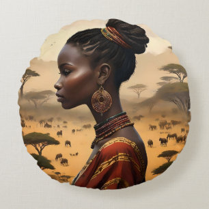 Stammesfrauen, die ihre afrikanische Landschaft be Rundes Kissen