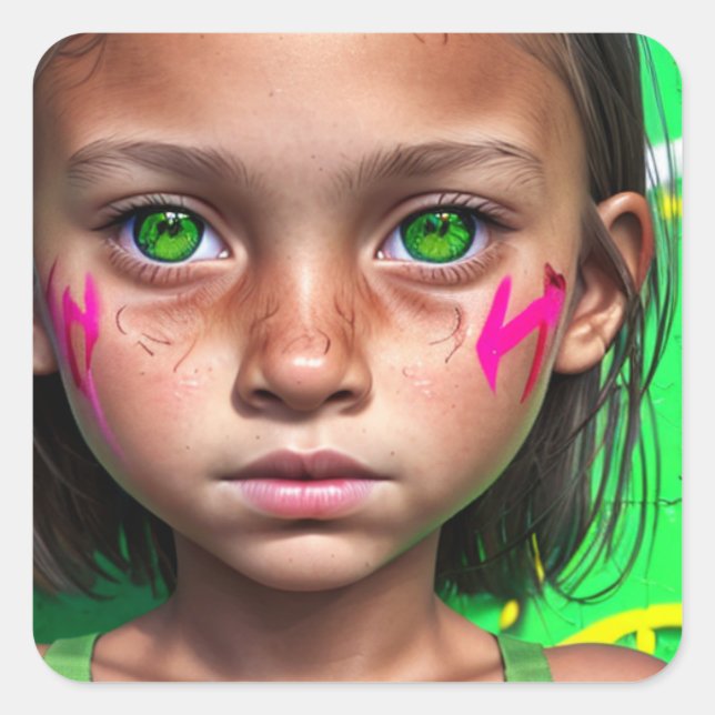 Stammkids | Futuristische Stoic Girl Green Eyes Quadratischer Aufkleber (Vorderseite)