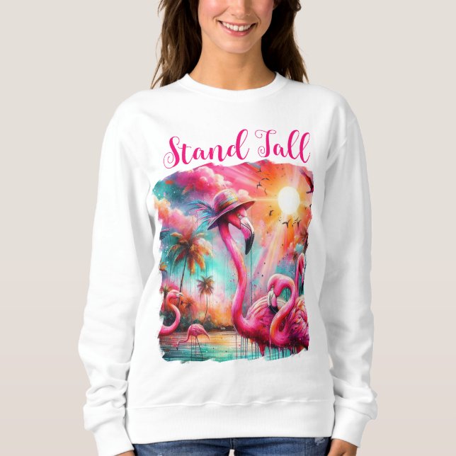 Stand Tal Tropical Pink Flamingos Palm Trees Sun Sweatshirt (Vorderseite)