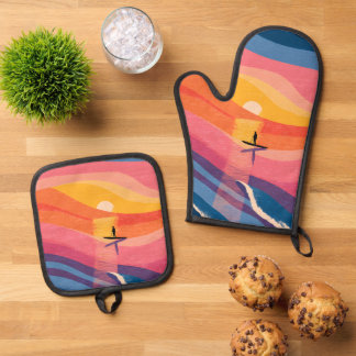Stand Up Paddleboard Sonnenuntergang Kunst Ofenhandschuh & Topflappen-Set