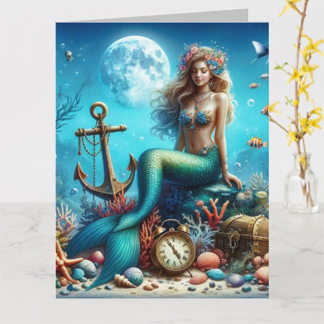 Standard, 5" x 7" geklappte Grußkarte Mermaid Karte (Gelbe Blume)