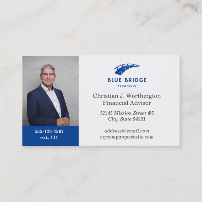 Standard Blue Custom Headshot Company Logo Finance Visitenkarte (Vorderseite)