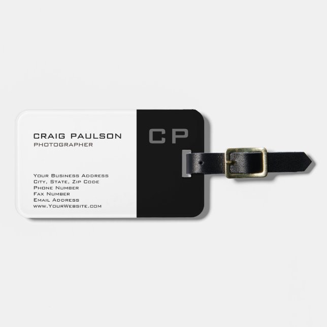 Standard Monogram Modern White Black Business Card Gepäckanhänger (Vorderseite horizontal)