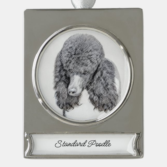 Standard Poodle Black Parti Malerei - Hunde Art Si Banner-Ornament Silber (Vorderseite)