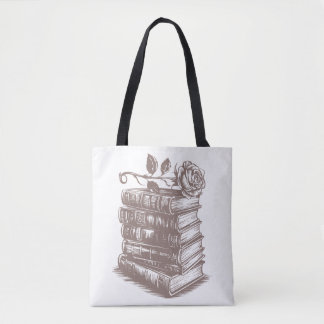 Stapel Bücher belegt mit einer Rose Tasche