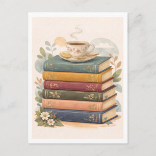 Stapel Bücher mit Teetasse Postkarte