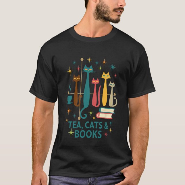 Stapel Katzen mit Tee und Büchern Illustration (Vorderseite)