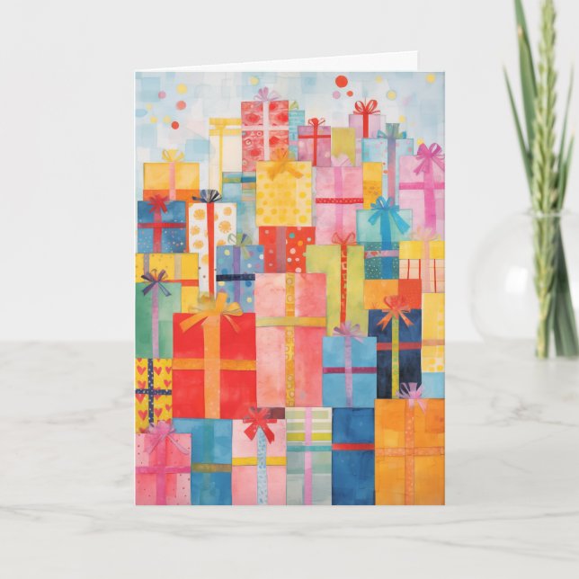 Stapel verpackter Geschenke Weihnachtskarte Karte (Vorderseite)