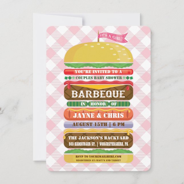 Staplungshamburger-Mädchen-Babyparty-Grill Einladung (Vorderseite)