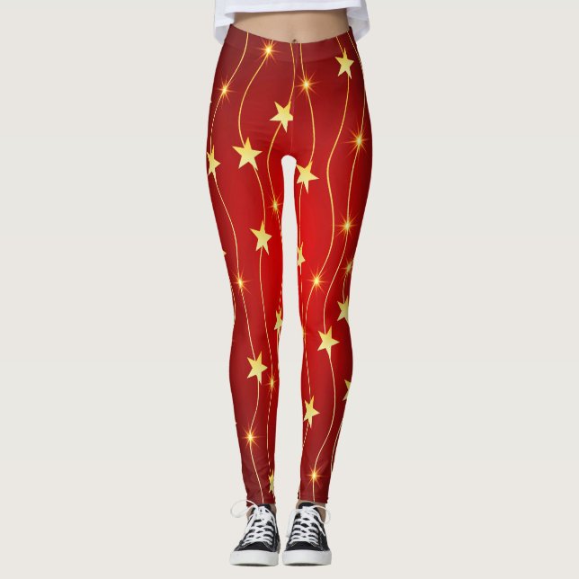 Star Adorned Ruby Red Pattern Leggings (Vorderseite)