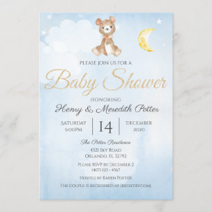 Star and Moon Teddy Bear Blue Boy's Baby Shower Einladung