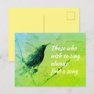 Star auf einem Baumzweig im Mai singt Zitat Postkarte