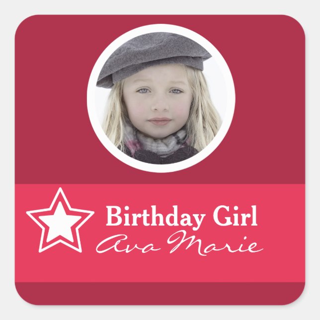 Star Birthday Girl Party Foto Quadratischer Aufkleber (Vorderseite)