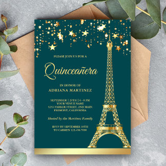 Star Confetti Gold Eiffel Tower Aquamarin Quincean Einladung