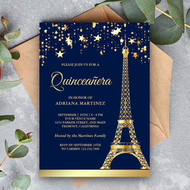 Star Confetti Gold Eiffel Tower Navy Quinceanera Einladung (Von Creator hochgeladen)
