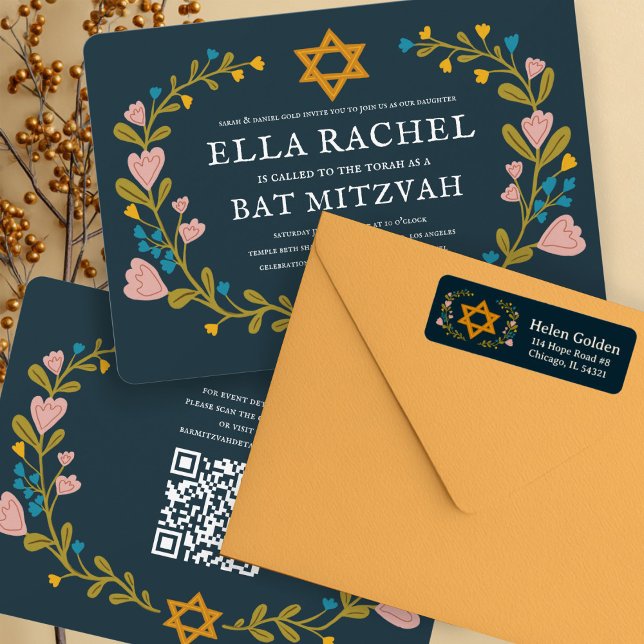 Star der jüdischen Rücksendeadresse von David Flor (Star of David Floral Wreath Jewish Wedding Hanukkah Bat Mitzvah Return Address Label Sticker
)
