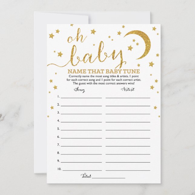 Star Gold Glitzer Name, dass Baby Tune Spiel Einladung (Vorderseite)