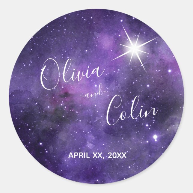 Star Light Lila White Wedding Runder Aufkleber (Vorderseite)