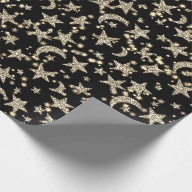 Star Moon Spark Night Galaxy Black Champaigne Gold Geschenkpapier (Ecke)