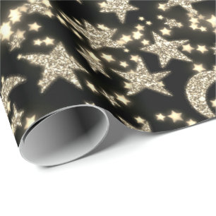 Star Moon Spark Night Galaxy Black Champaigne Gold Geschenkpapier