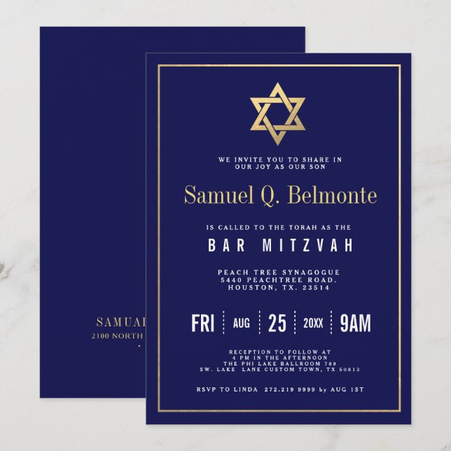 Star of David Bar Mitzvah Invitation de la marine  (Devant / Derrière)