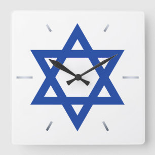 Star of David Blue White Hour Hands Quadratische Wanduhr