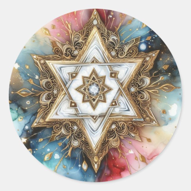 Star Of David Marble White Gold Abstract Purple  Runder Aufkleber (Vorderseite)