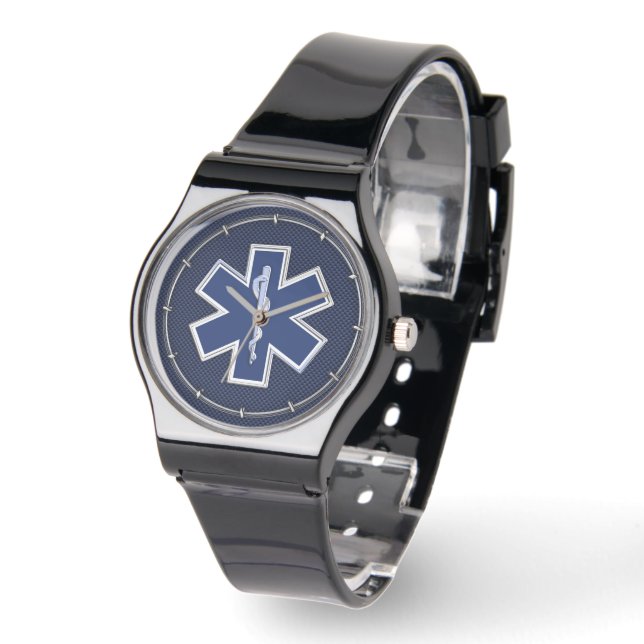 Star of Life Paramedic EMS auf blauem Kohlenstofff Armbanduhr (Winkel)