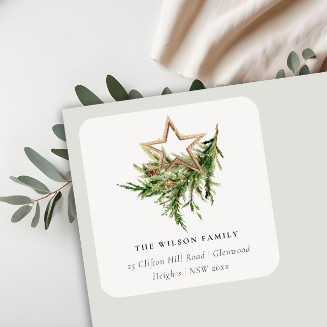 Star Ornament Pine Fauna Frohe Weihnachtsansprache Quadratischer Aufkleber (Von Creator hochgeladen)