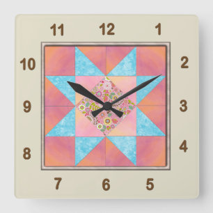 Star Patch Sunset & Water Quilt Block Quadratische Wanduhr
