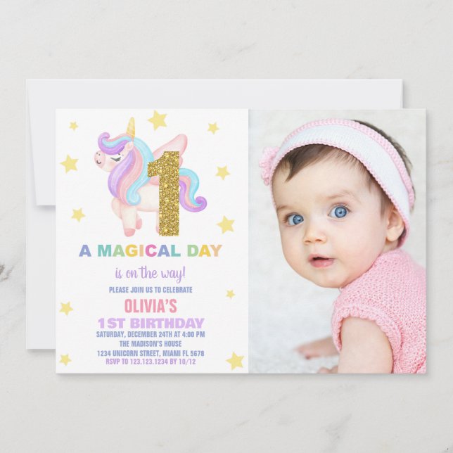 Star Rainbow Unicorn Birthday Einladungen Foto (Vorderseite)