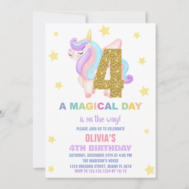 Star Rainbow Unicorn Invitations Anniversaire Vol (Devant)