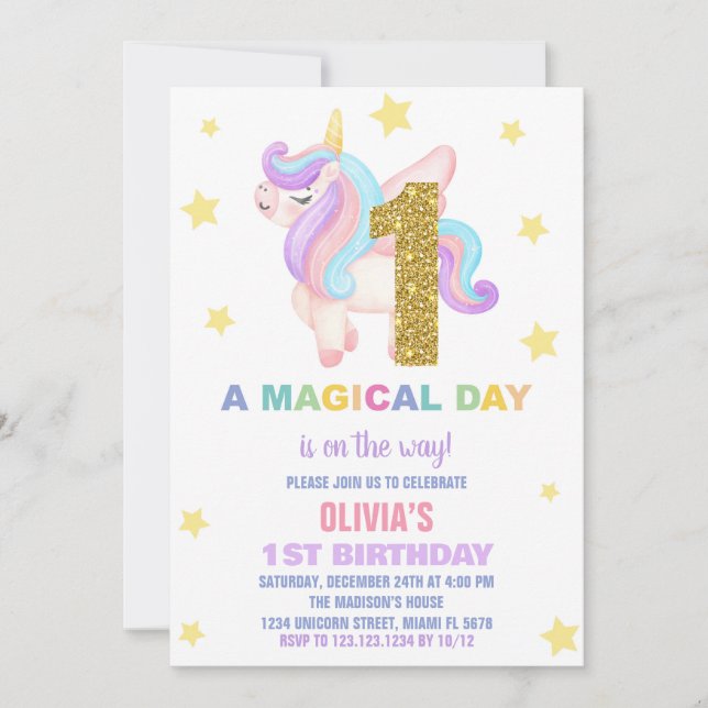 Star Rainbow Unicorn Invitations Anniversaire Vol (Devant)