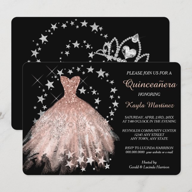 Star Shimmer Peach Quinceanera Einladung (Vorne/Hinten)
