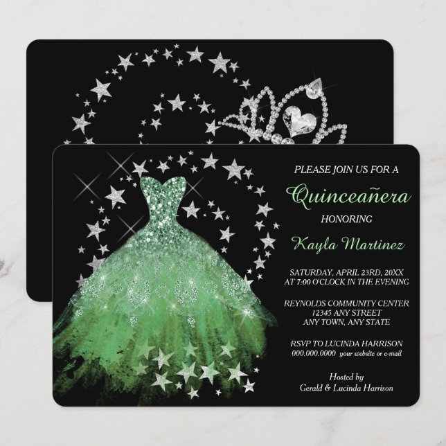 Star Shimmer Spring Green Quinceanera Einladung (Vorne/Hinten)