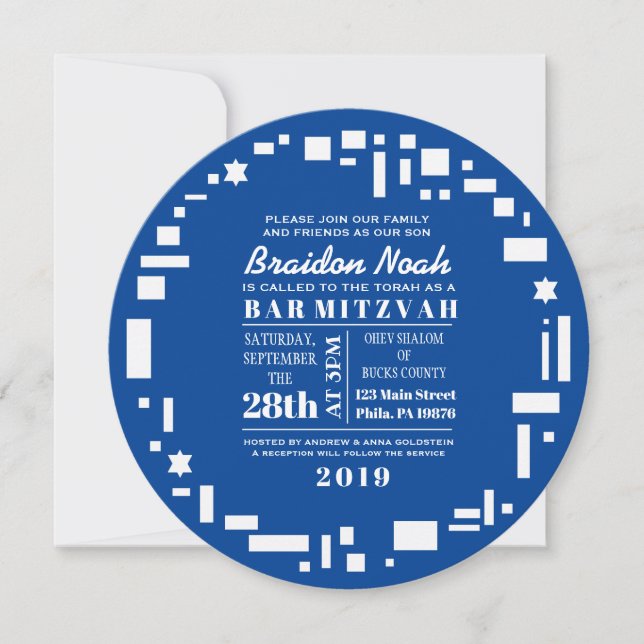 STAR & SQUARES Bar Bat Mitzvah Einladung in Blau (Vorderseite)