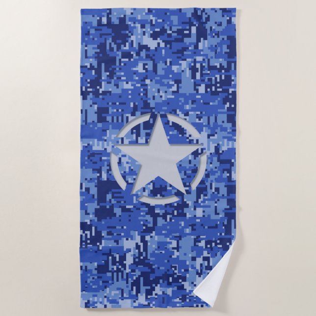 Star Stencil Retro Navy Blue Camouflage auf Strandtuch (Vorderseite)