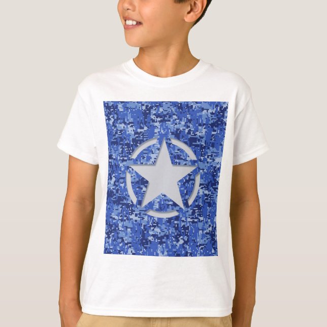 Star Stencil Retro Navy Blue Camouflage T-Shirt (Vorderseite)