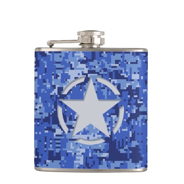 Star Stencil Vintag Navy Blue Digital Camouflage Flachmann (Vorderseite)