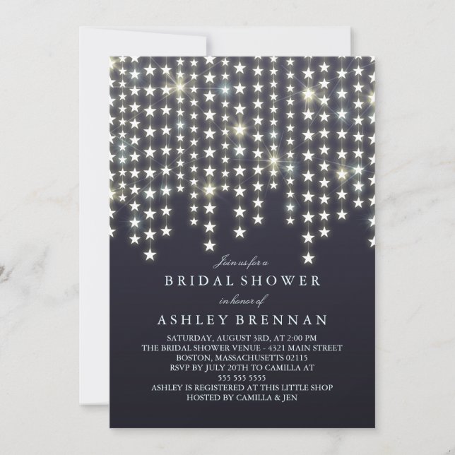 Star String Lights Dark Blue Brautparty Einladung (Vorderseite)