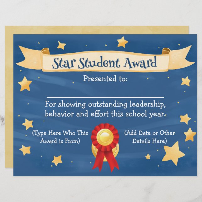 Star Student Award Certificate School Kinder 8.5x1 (Vorne/Hinten)