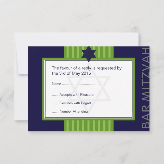 Star von David Bar Mitzvah, grün & blau, Band-UAWG RSVP Karte (Vorderseite)