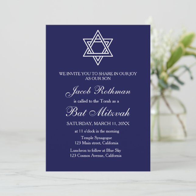 Star von David Elegant Simple Blue Bat Mitzvah Einladung (Stehend Vorderseite)